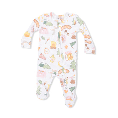 Baby onesie with camping pattern on a white background