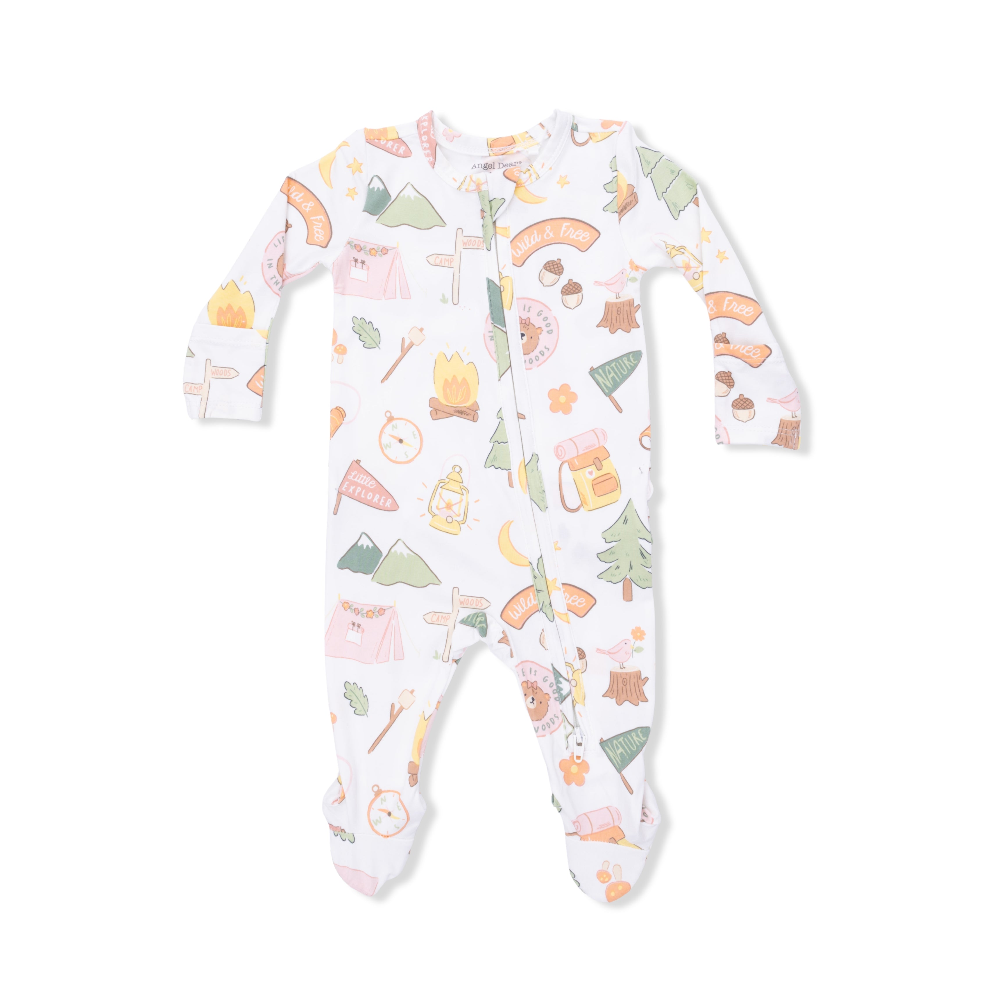 Baby onesie with camping-themed print on a white background