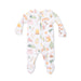 Baby onesie with camping-themed print on a white background
