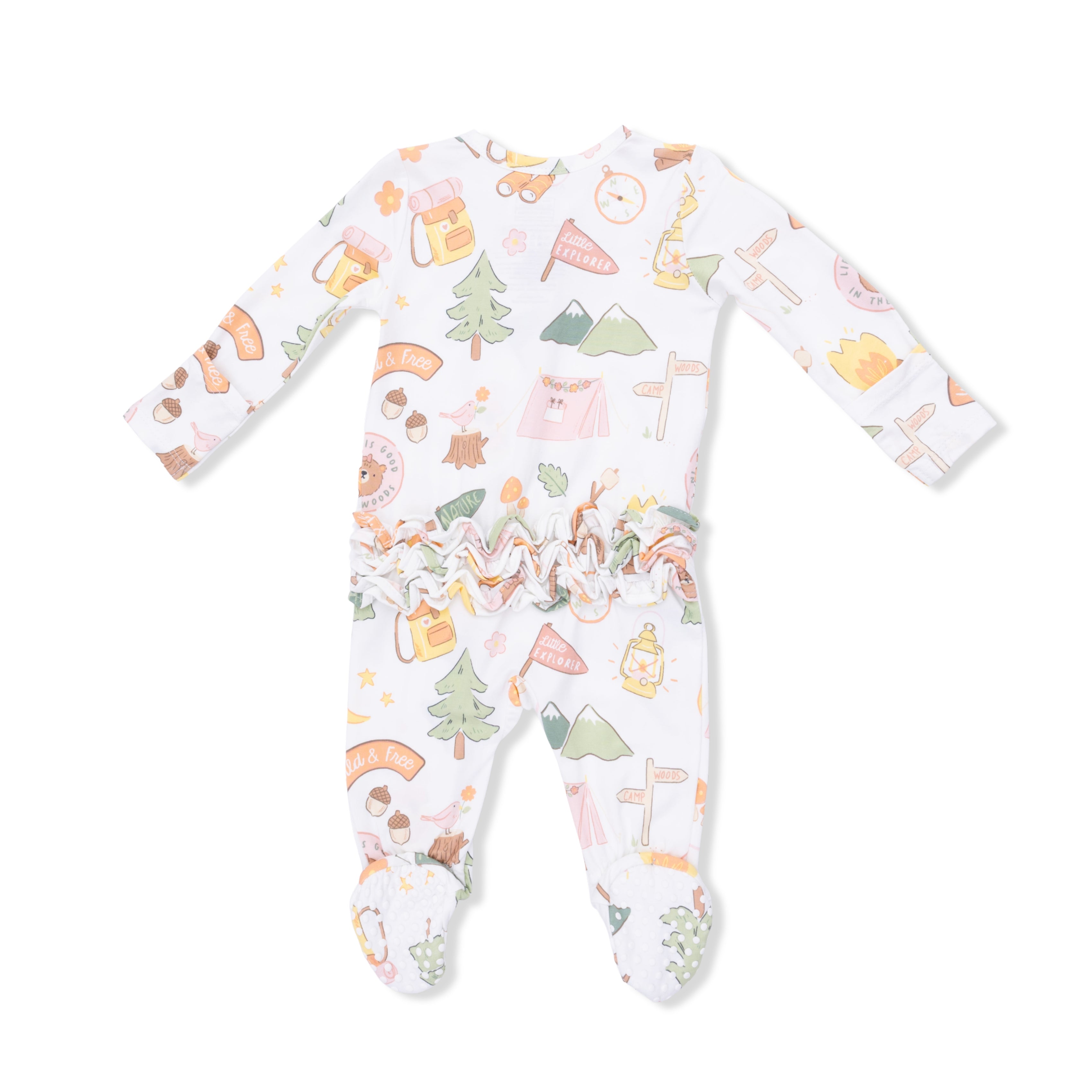 Baby onesie with campingl pattern on a white background