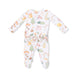 Baby onesie with campingl pattern on a white background