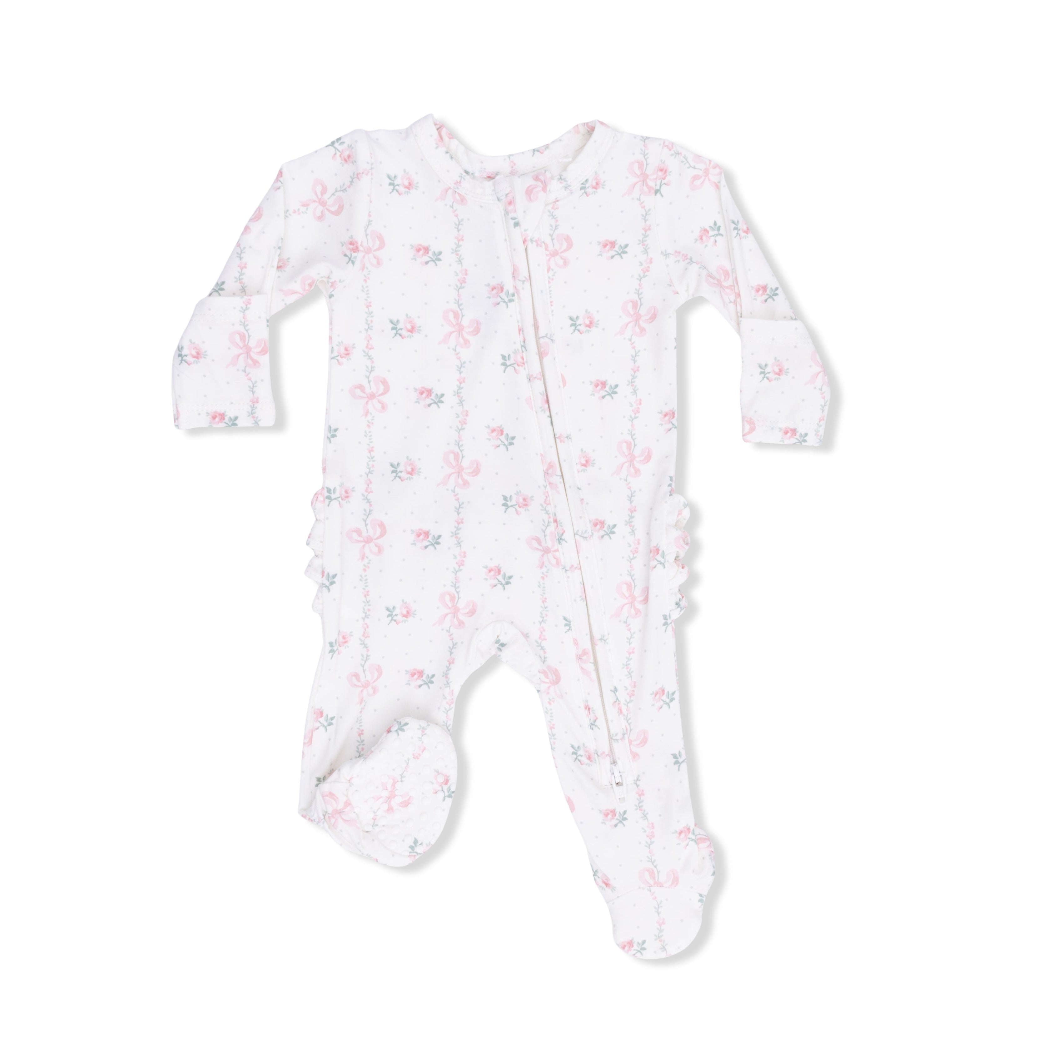 Baby footie with pink floral pattern on a white background