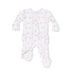 Baby footie with pink floral pattern on a white background