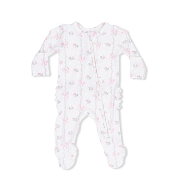 White baby footie with pink floral pattern on a white background