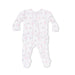 White baby footie with pink floral pattern on a white background