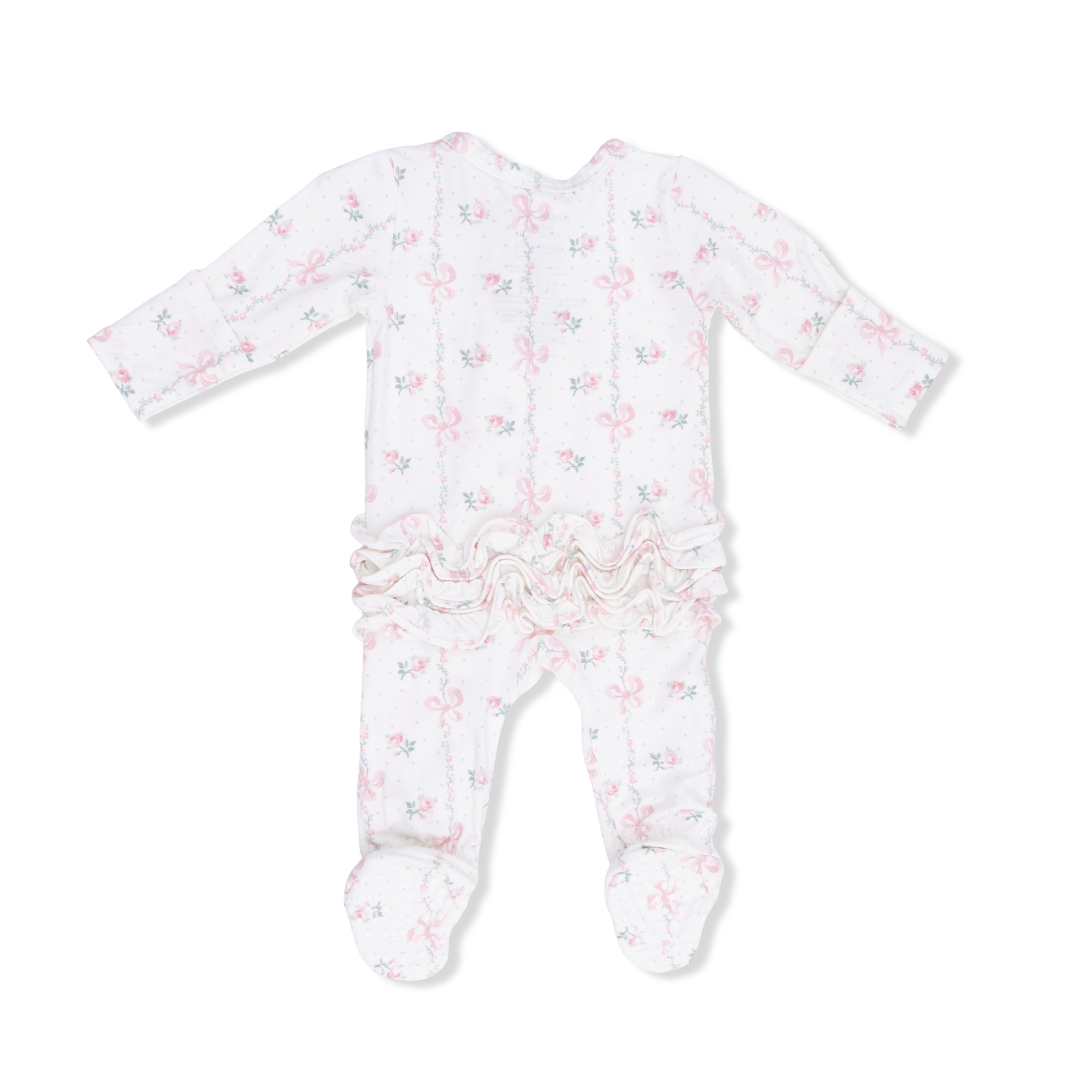 Baby footie with floral pattern on a white background