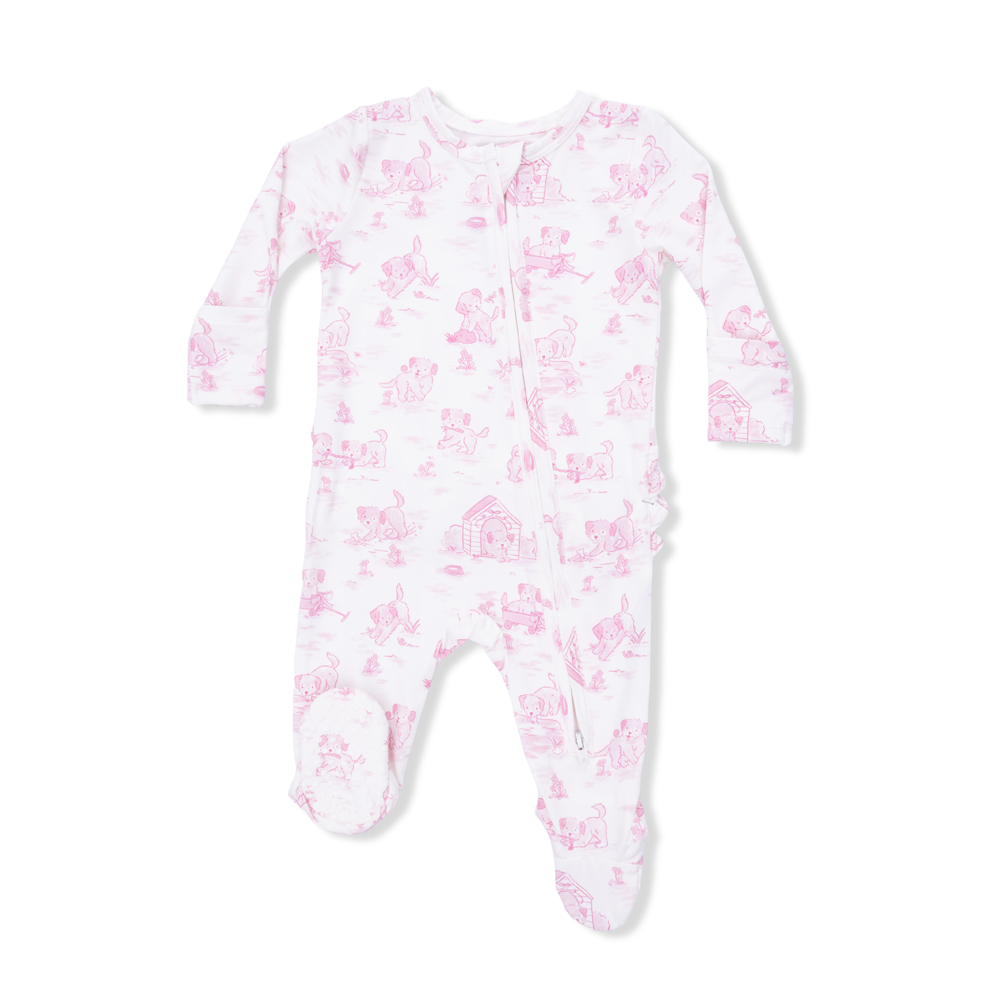 Zippered Ruffle Footie - Puppy Toile Pink