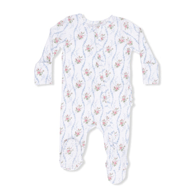 Baby footie with floral pattern on a white background