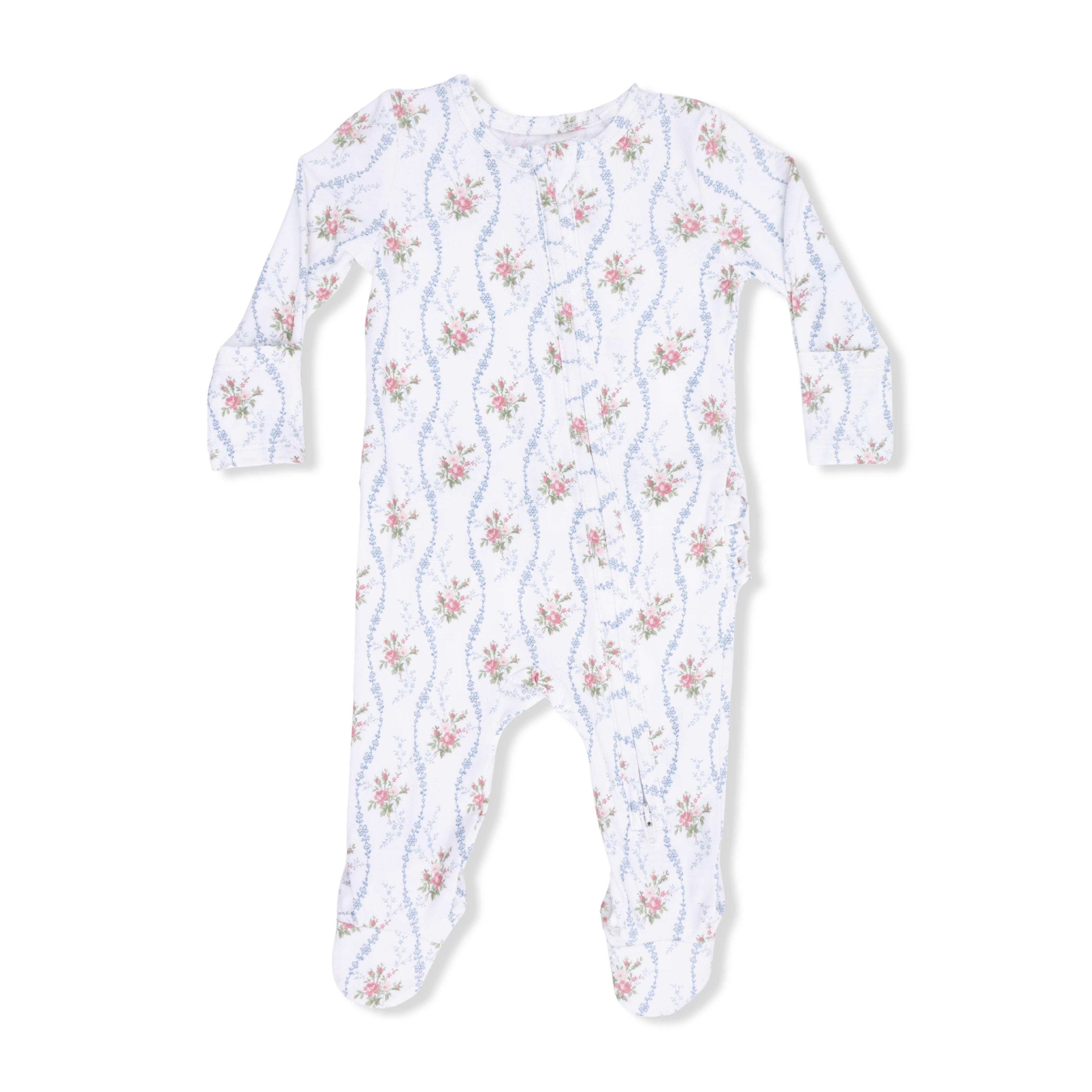 Baby footie with floral pattern on a white background