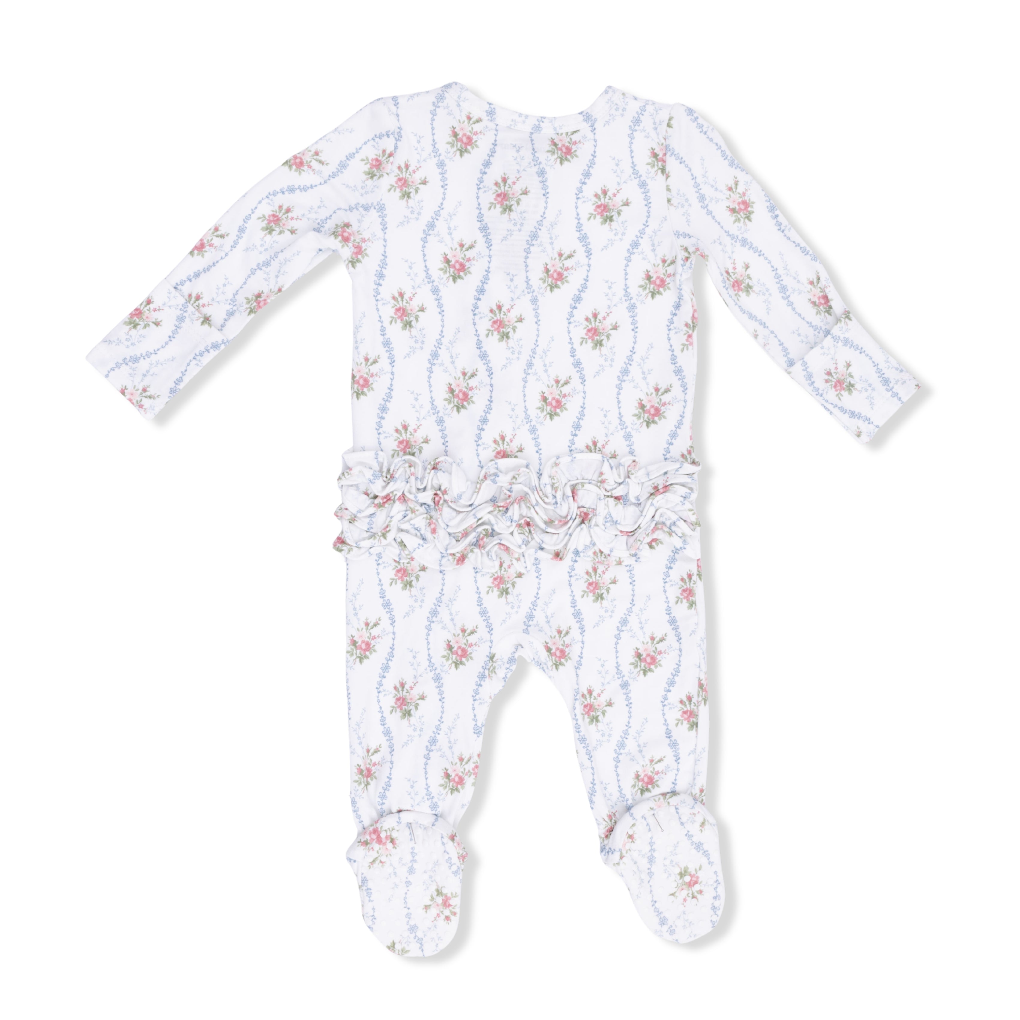 Floral patterned baby onesie on a white background