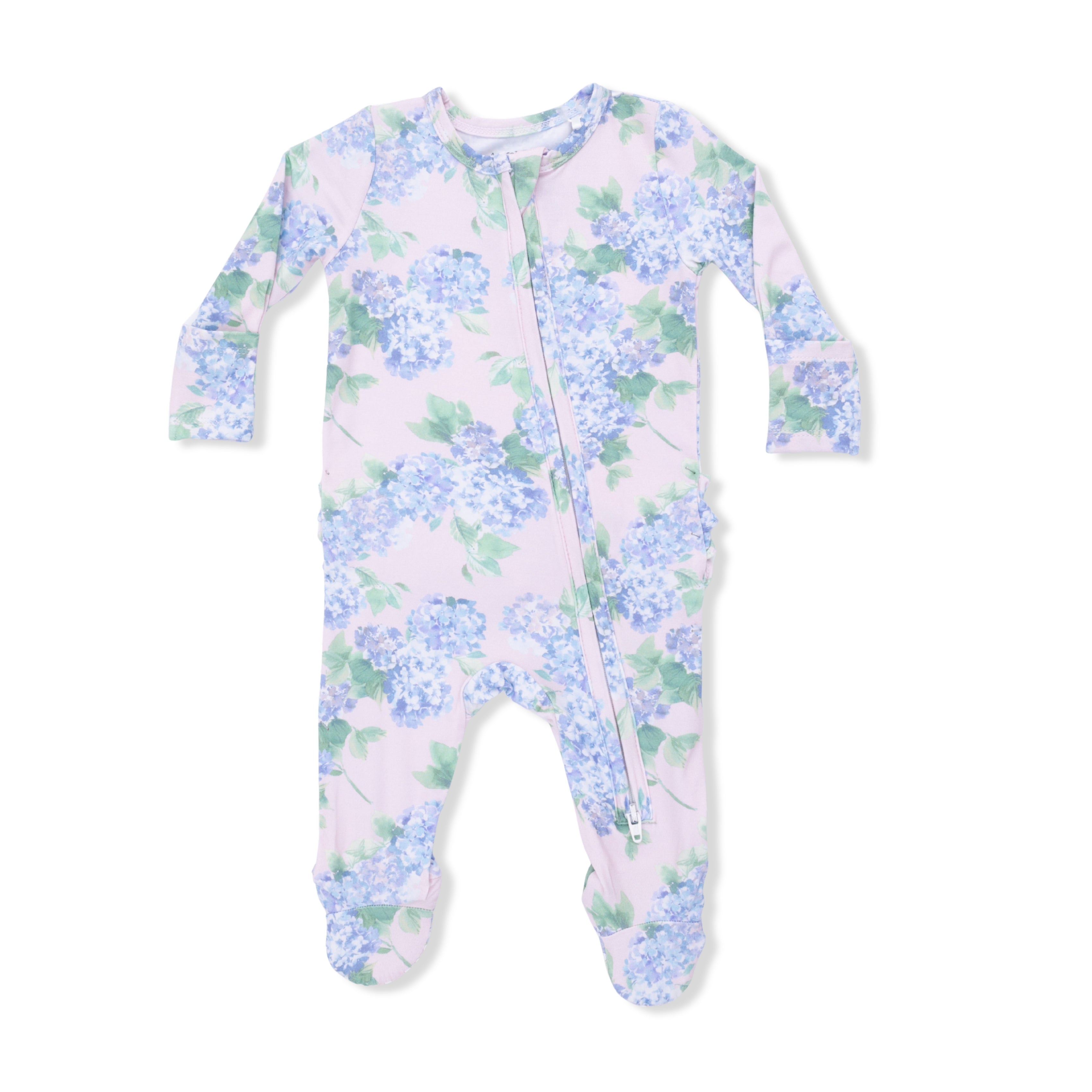 Hydrangea patterned baby footie on a white background