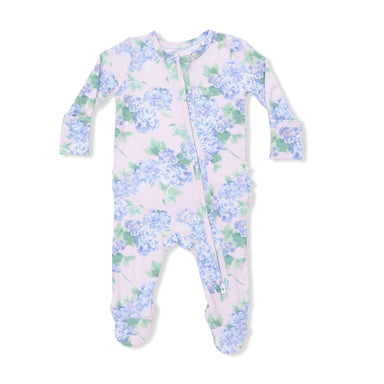 Hydrangea patterned baby footie on a white background