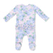 Baby footie with hydrangea pattern and ruffle details on a white background