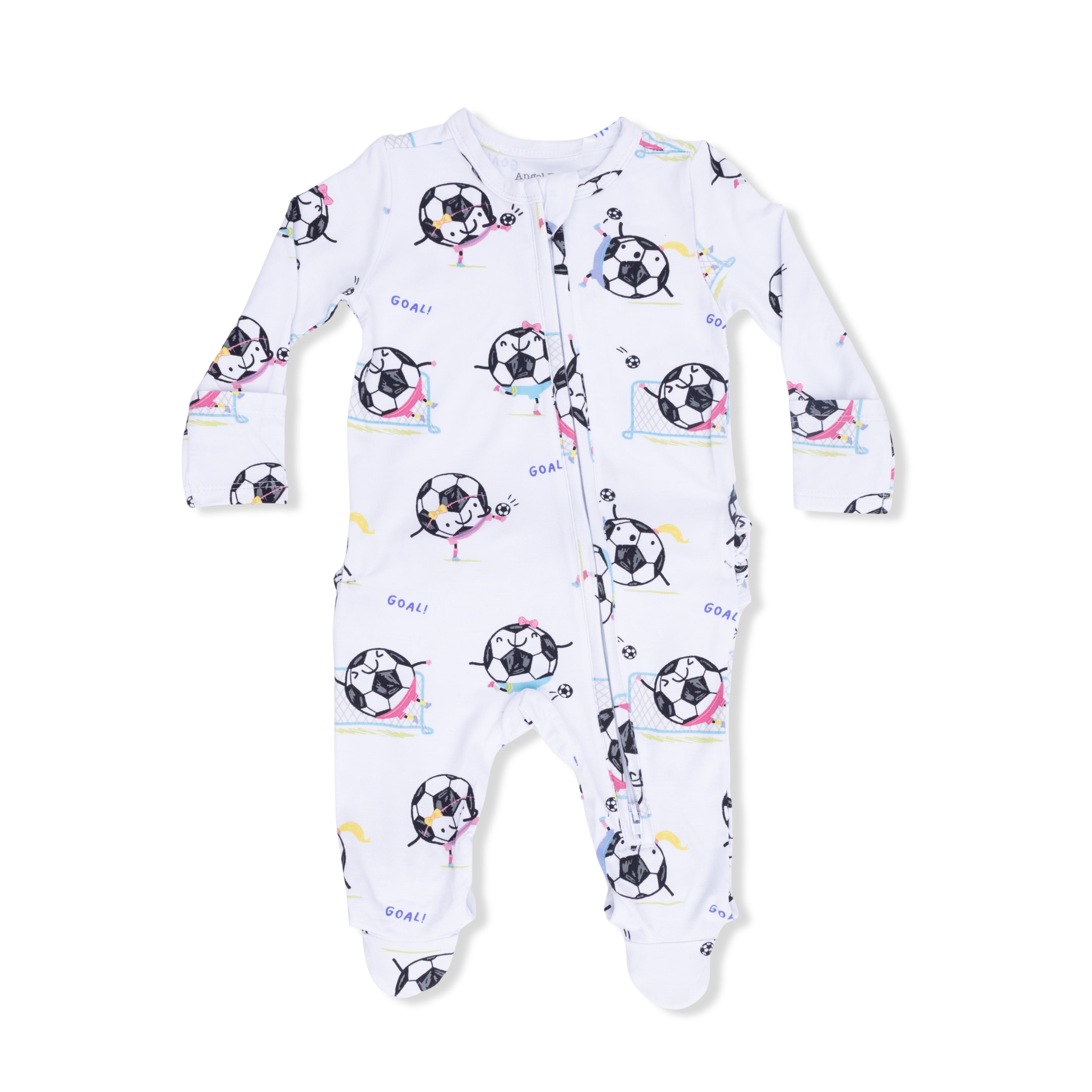 Zippered Ruffle Footie - Soccer Balls Pink