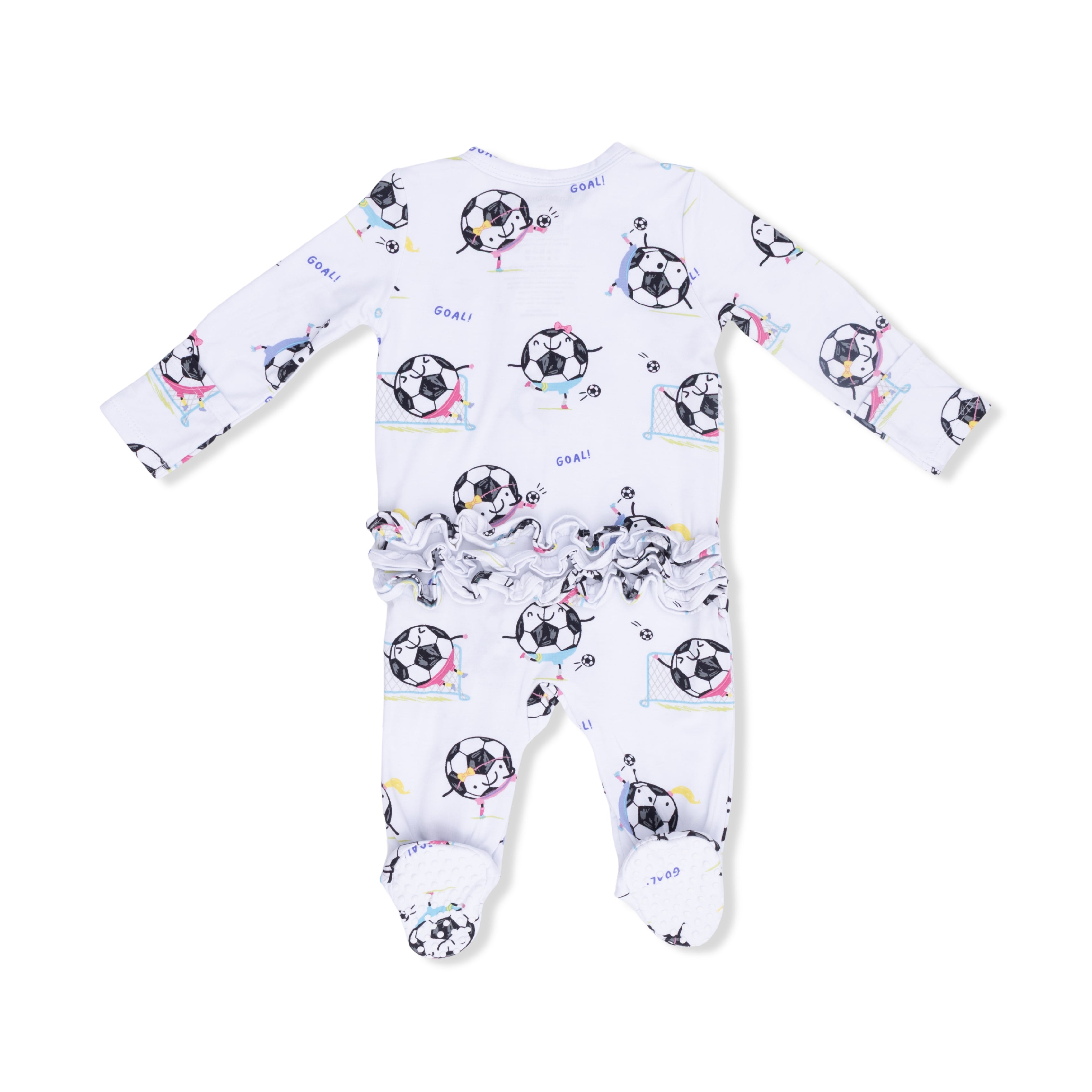 Zippered Ruffle Footie - Soccer Balls Pink