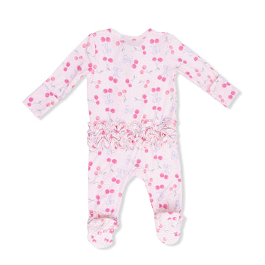 Baby footie with cherry pattern on a white background