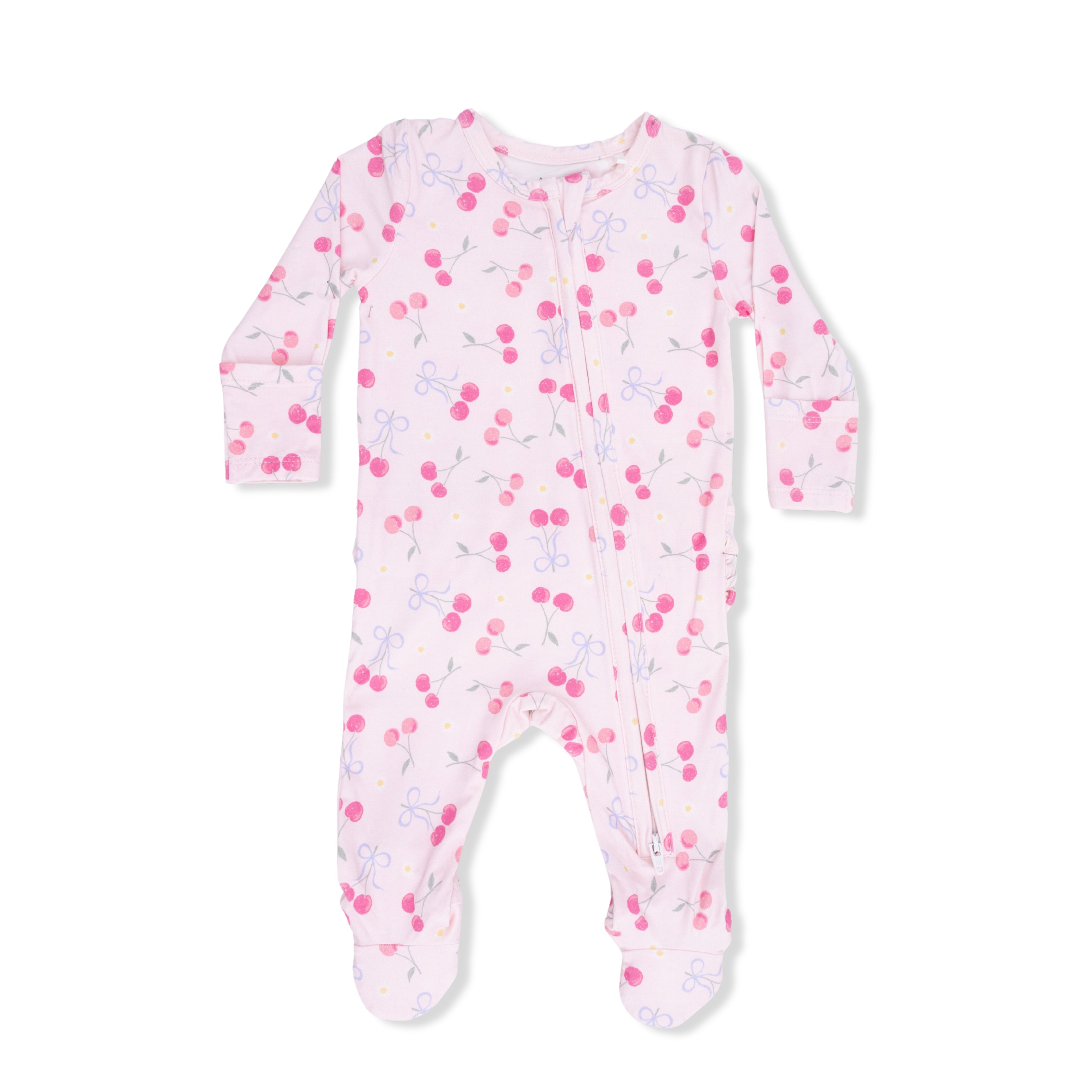 Baby  footie with pink cherry pattern on a white background