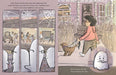 Illustrated book page with a woman walking a dog and ghosts in a house.