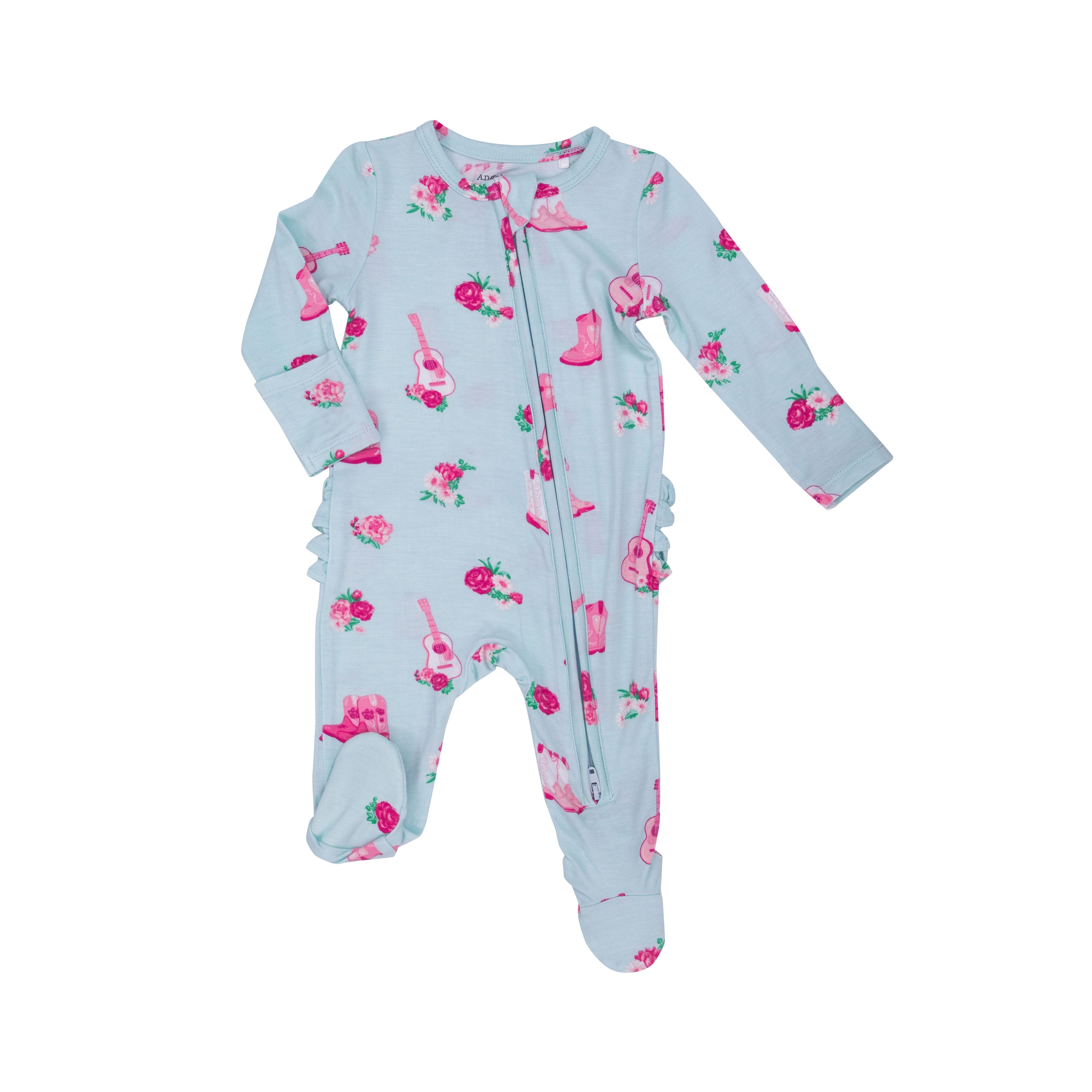 blue zipper footie with pink fancy cowgirl print