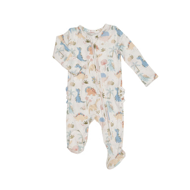 white zipper footie with pastel colored dinosaur print