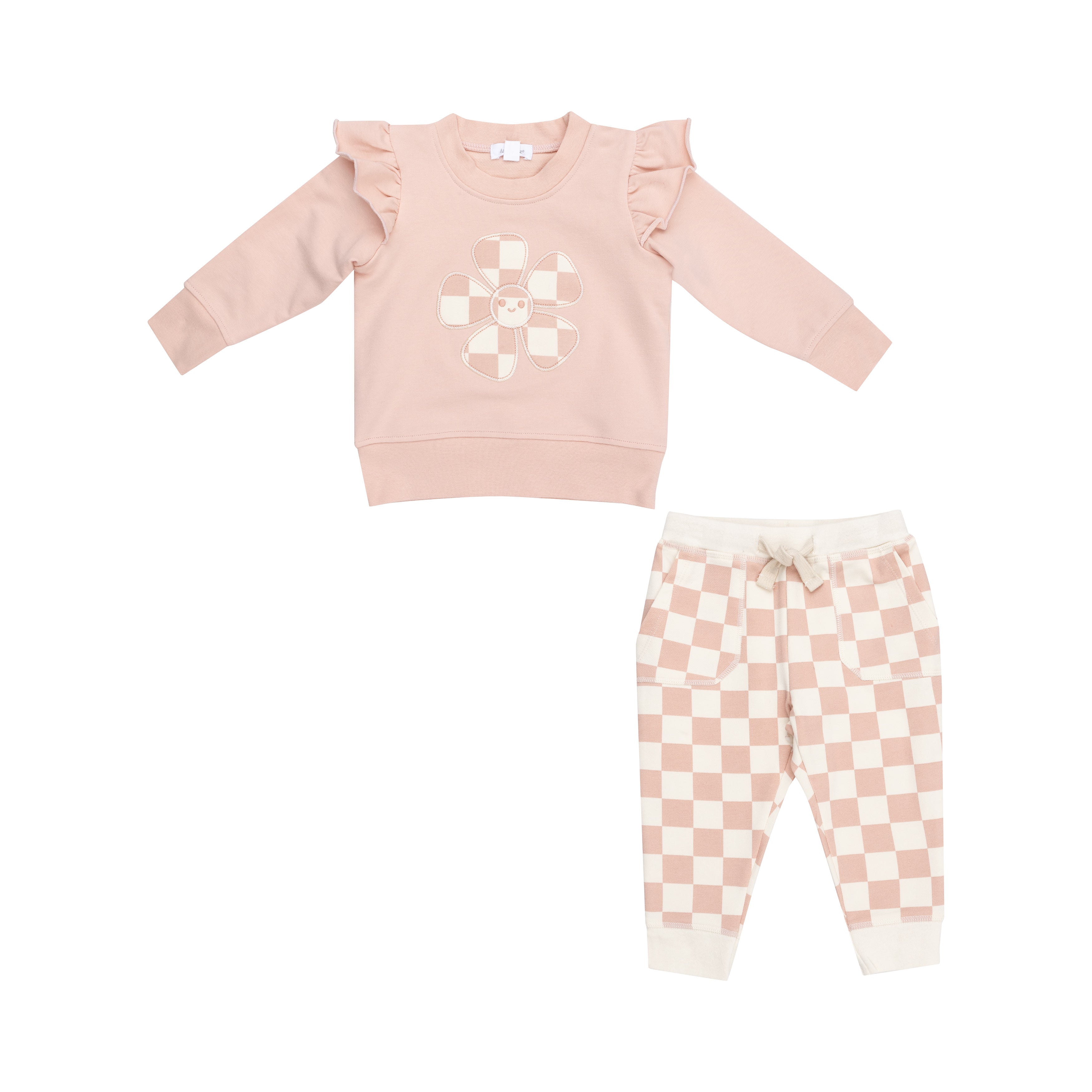 Ruffle Sweatshirt/Jogger - Checkerboard Pink