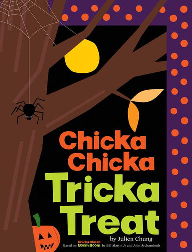 Book cover of 'Chicka Chicka Tricka Treat' with Halloween elements and colorful text.