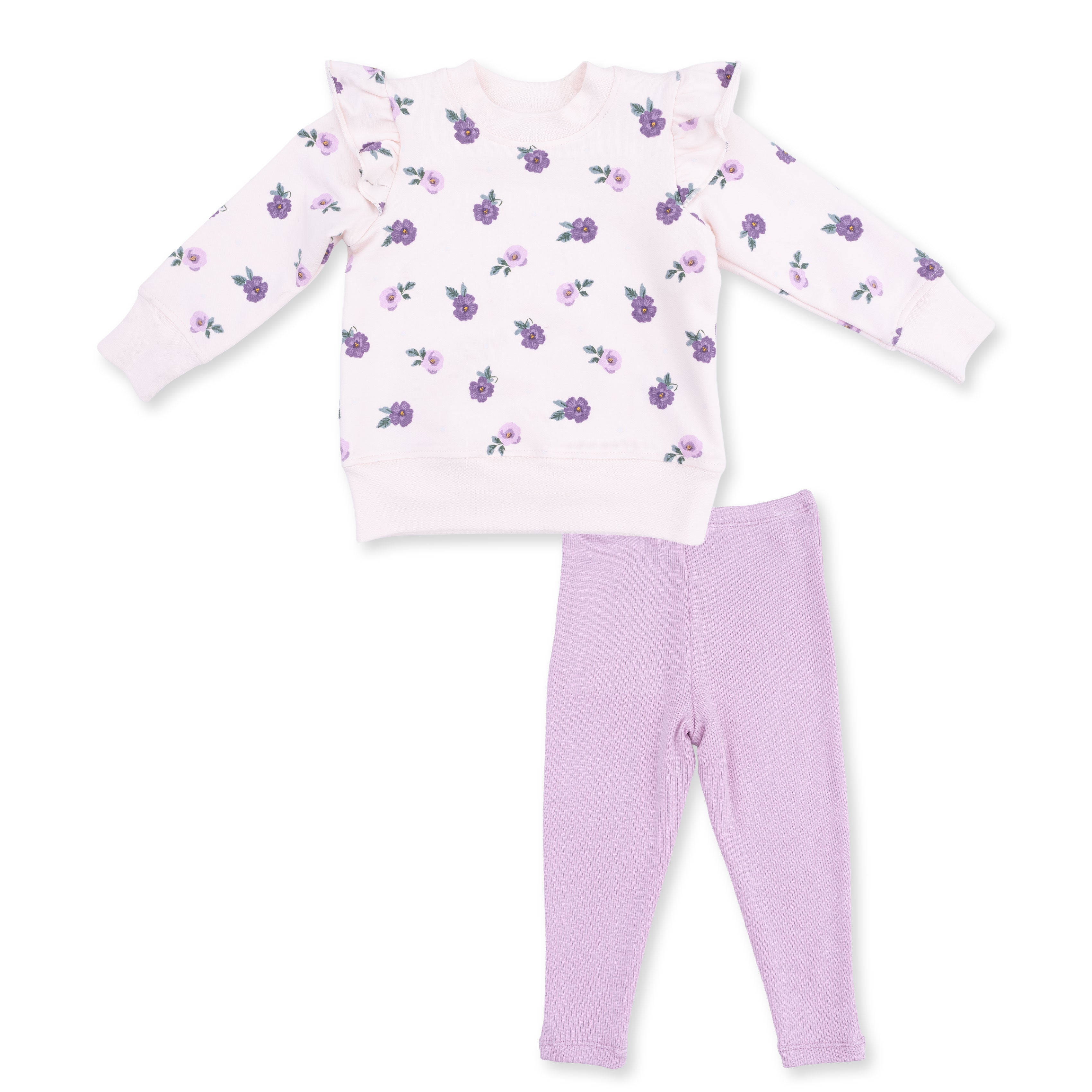 Children's sweatshirt and legging set with a purple floral top and solid pants on a white background