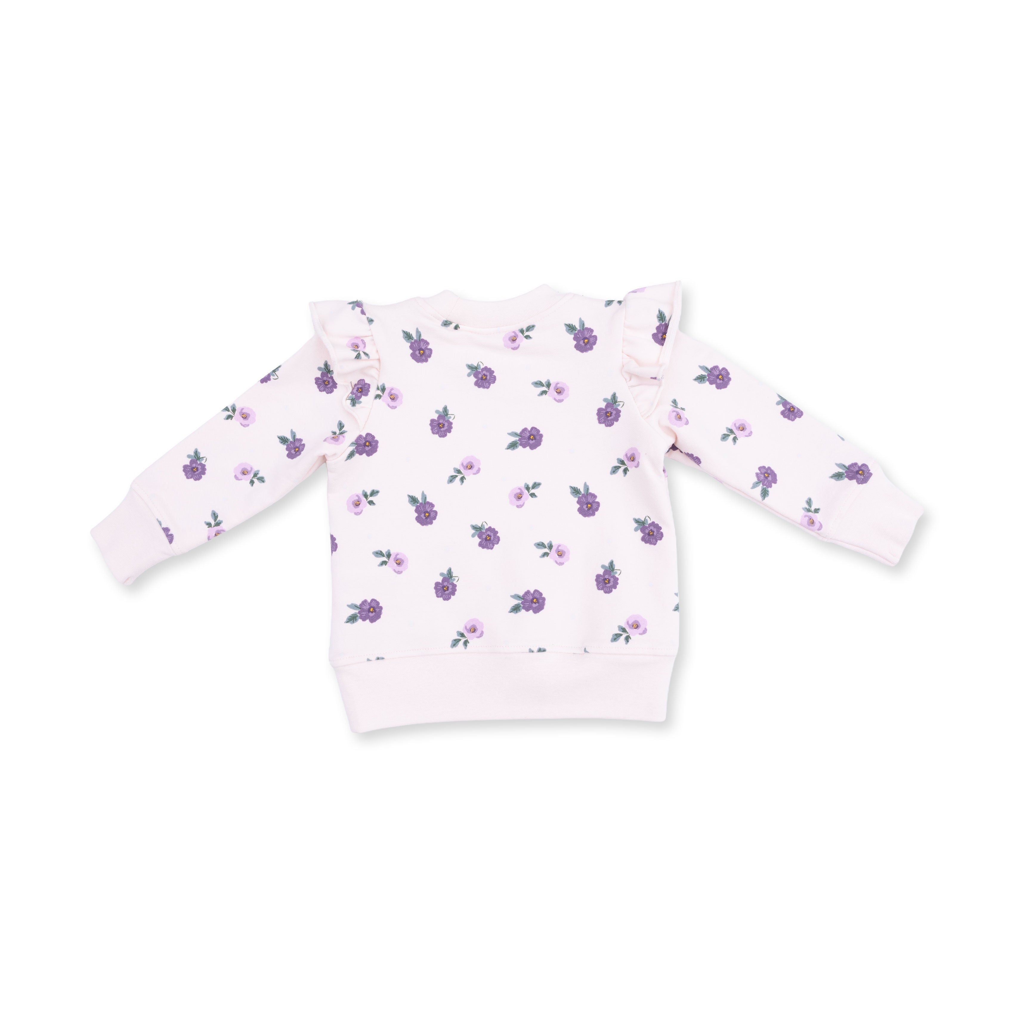 White long-sleeve sweatshirt with purple floral pattern on a white background