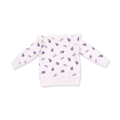 White long-sleeve sweatshirt with purple floral pattern on a white background