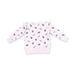 White long-sleeve sweatshirt with purple floral pattern on a white background