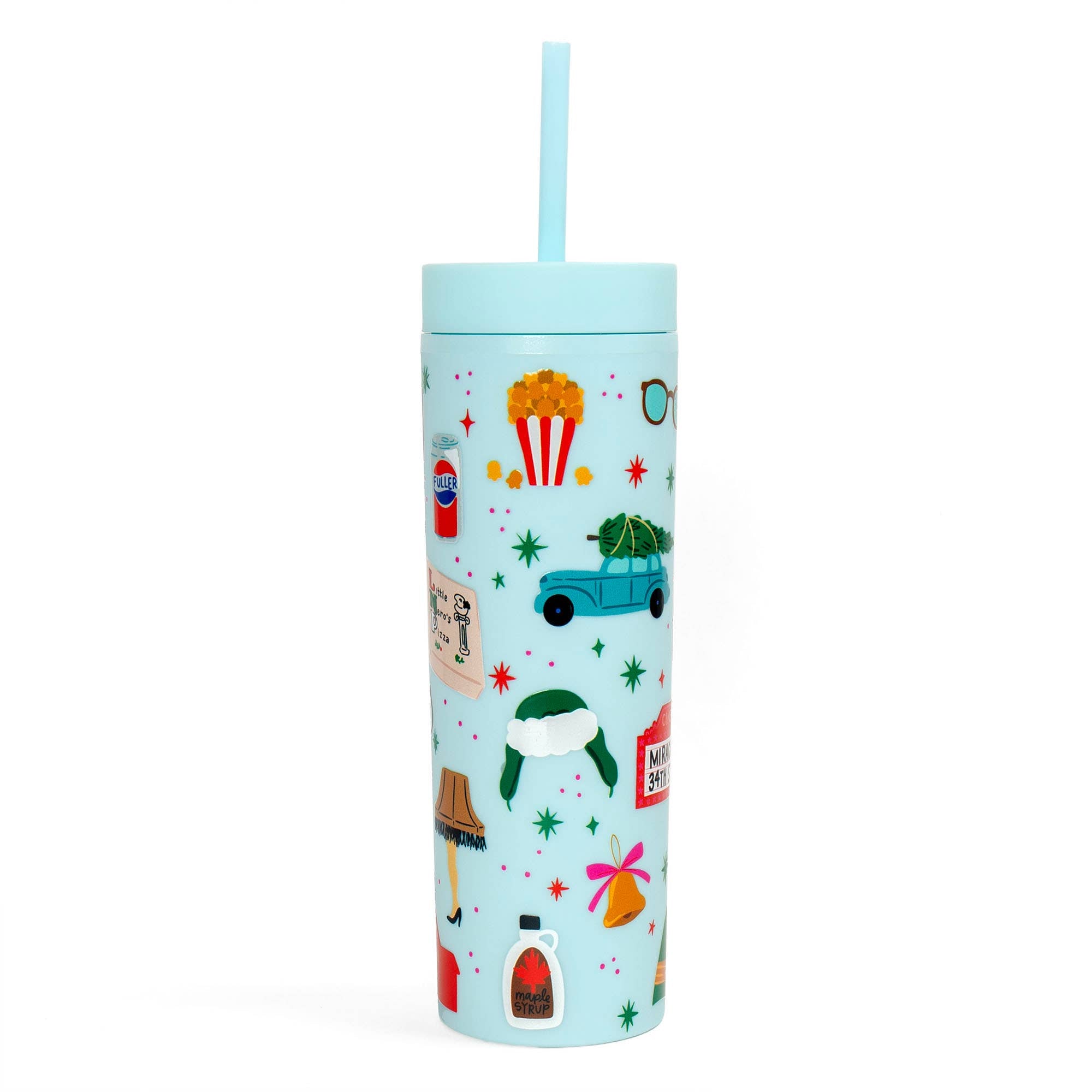 Light blue Pippi Post Christmas movie favorites acrylic tumbler with straw and colorful popcorn car wreath and holiday film inspired illustrations