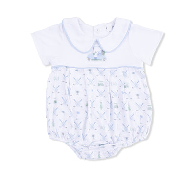 Baby romper with blue and white golf cart on a white background