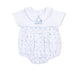 Baby romper with blue and white golf cart on a white background