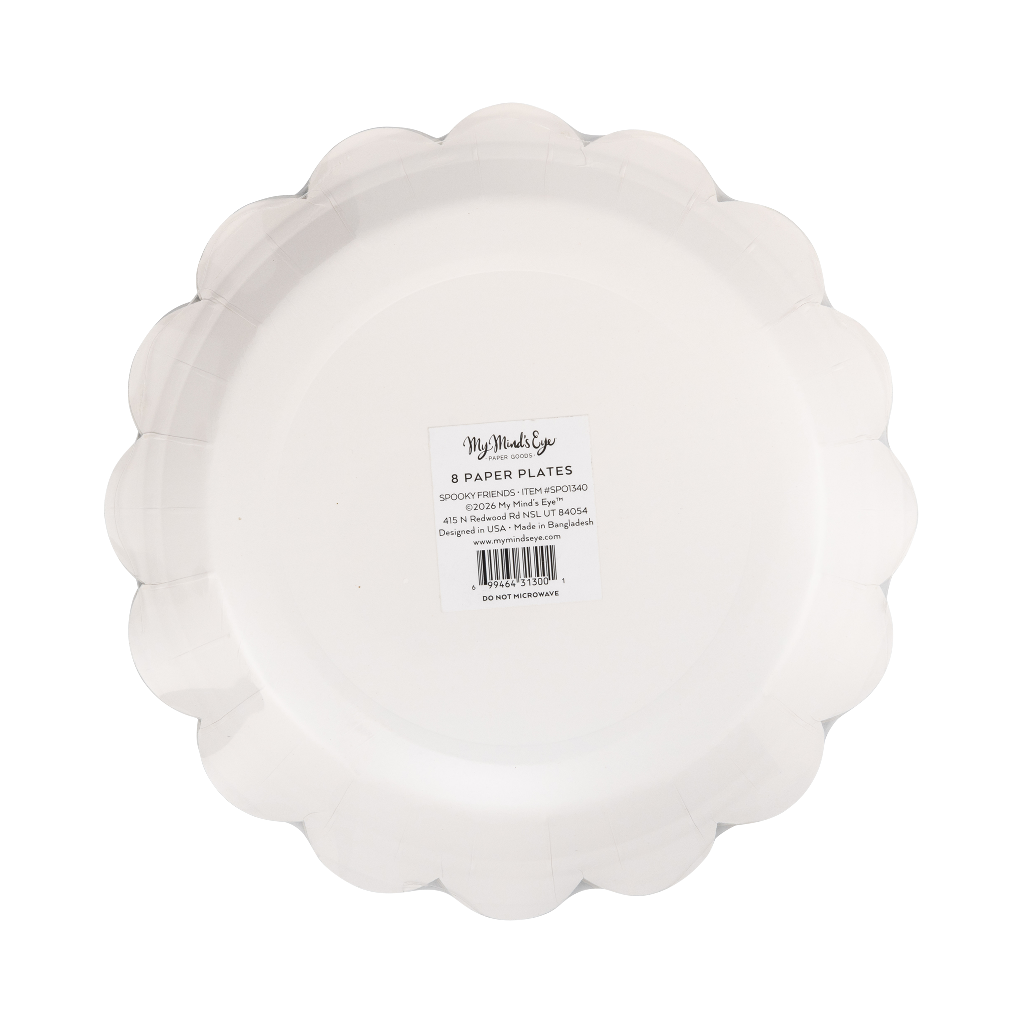 White scalloped paper plate with 'My Mind's Eye' branding on a white background