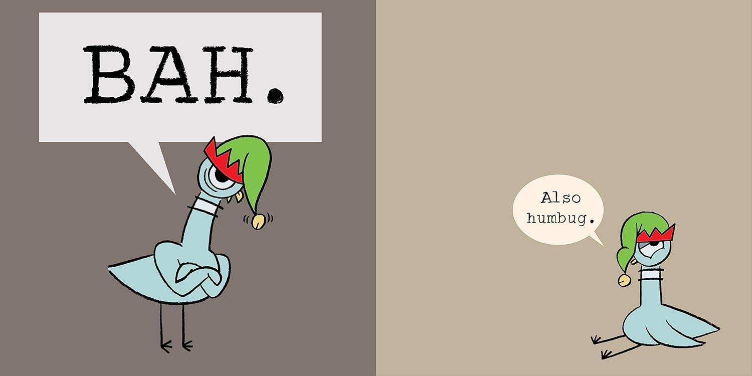 Illustrated holiday book spread showing a blue pigeon in a green elf hat saying Bah and Also humbug.