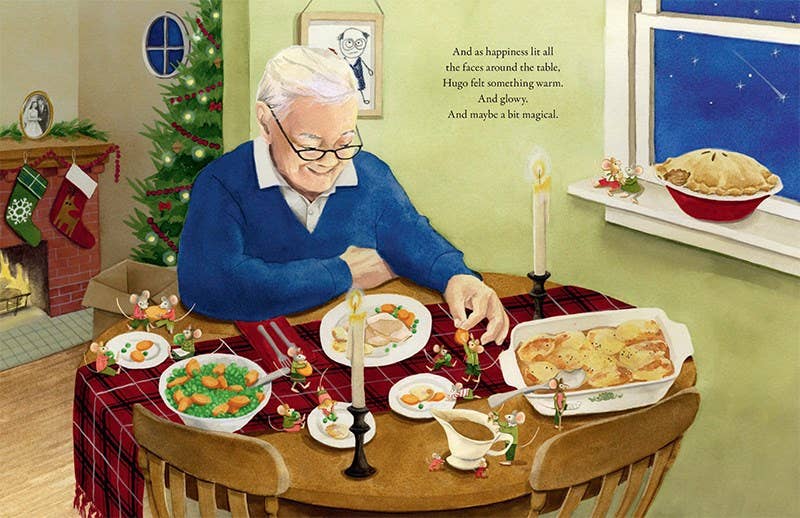 Illustrated Christmas dinner scene from A Mouse Family Christmas showing a grandfather mouse serving a festive meal beside a decorated tree and fireplace