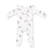 A white long-sleeve footed sleeper with a front zipper and an all-over print of brown and pink cartoon dogs, shown on a plain white background.