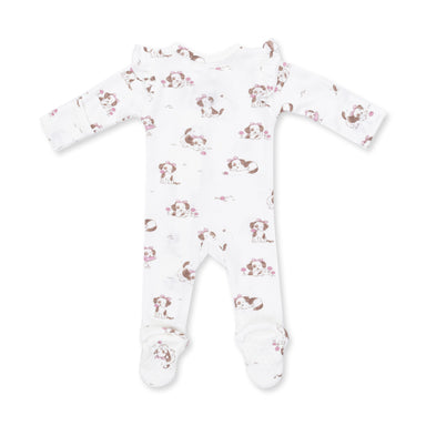 A white long-sleeve baby footed sleeper with an all-over print of brown and pink cartoon dogs, shown flat on a white background.