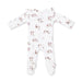 A white long-sleeve baby footed sleeper with an all-over print of brown and pink cartoon dogs, shown flat on a white background.