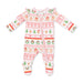 A baby long-sleeve footed sleeper with an all-over Christmas print, featuring gingerbread houses, Santa Claus, trees, and wreaths on a white background.