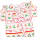 A baby long-sleeve footless onesie with a festive Christmas print, featuring gingerbread men, trees, wreaths, and candy canes on a white background with red and green patterns. The brand name 'Angel Dear' is visible on the inner neck label.