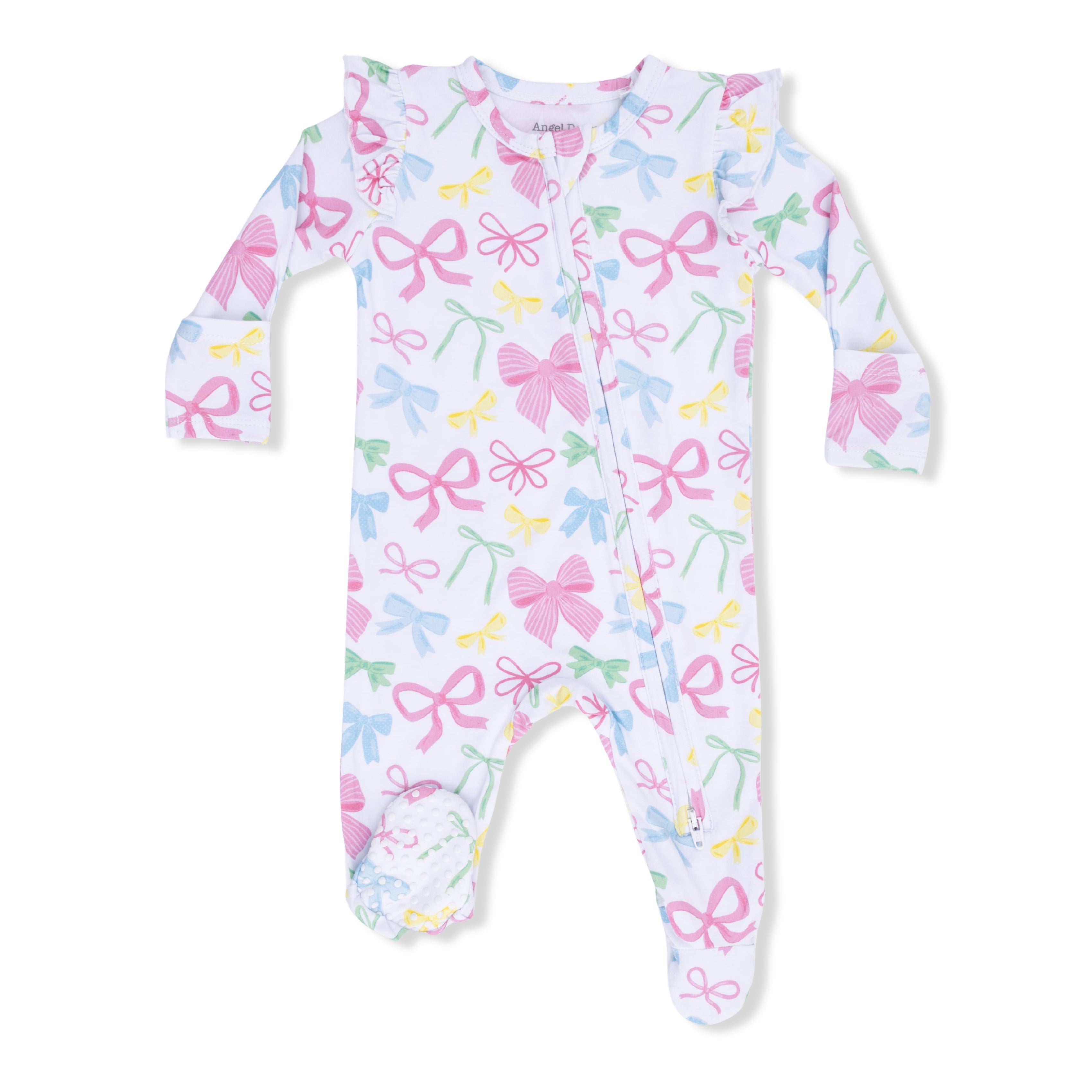 Baby footie with colorful bow pattern on a white background