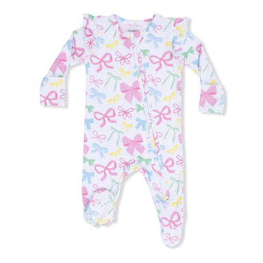 Baby footie with colorful bow pattern on a white background