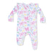 Baby footie with colorful bow pattern on a white background