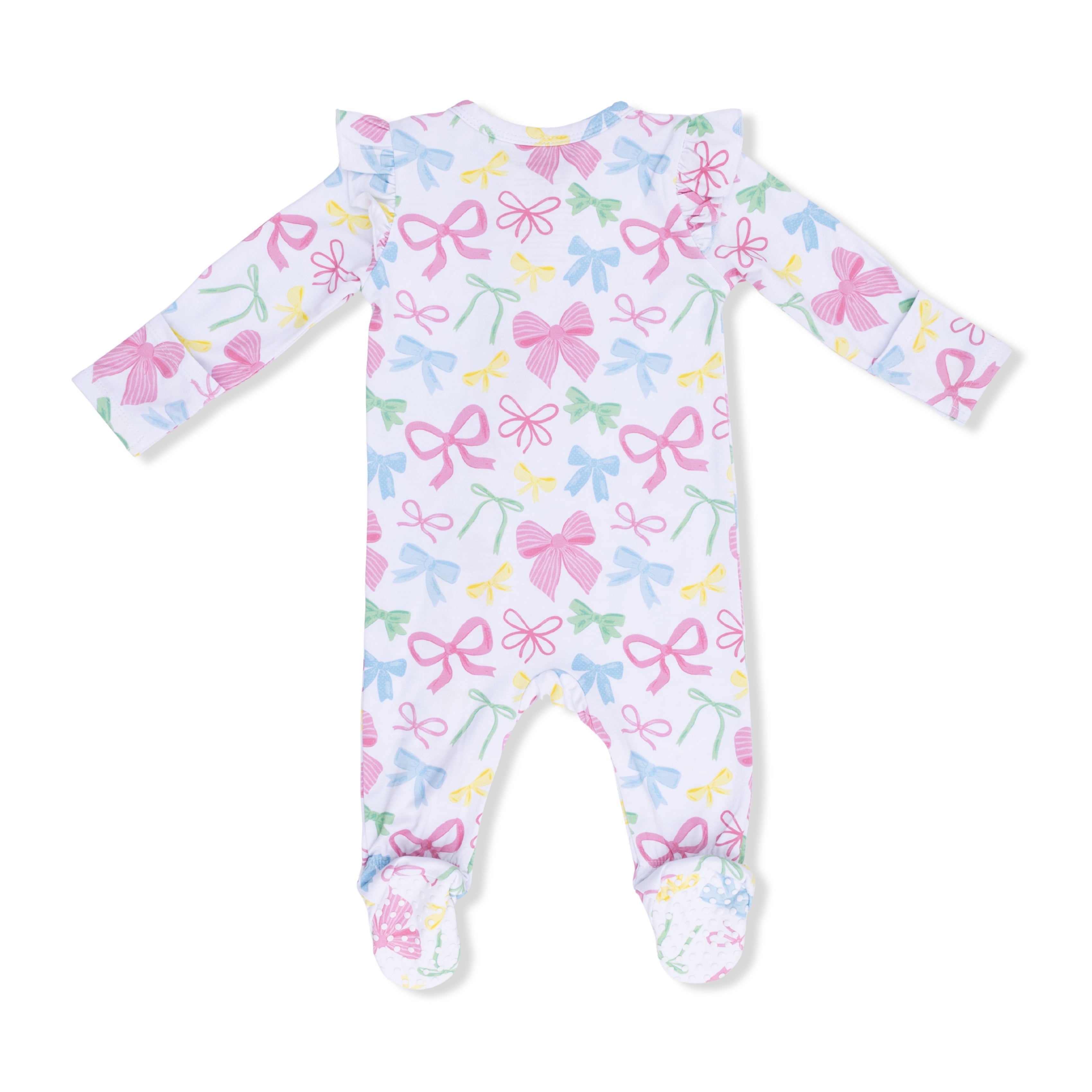 Baby footie with colorful bow pattern on a white background