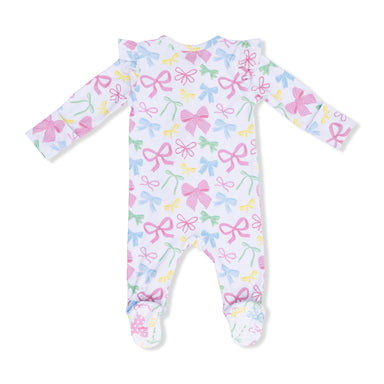 Baby footie with colorful bow pattern on a white background
