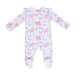 Baby footie with colorful bow pattern on a white background