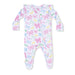 Baby footie with colorful bow pattern on a white background