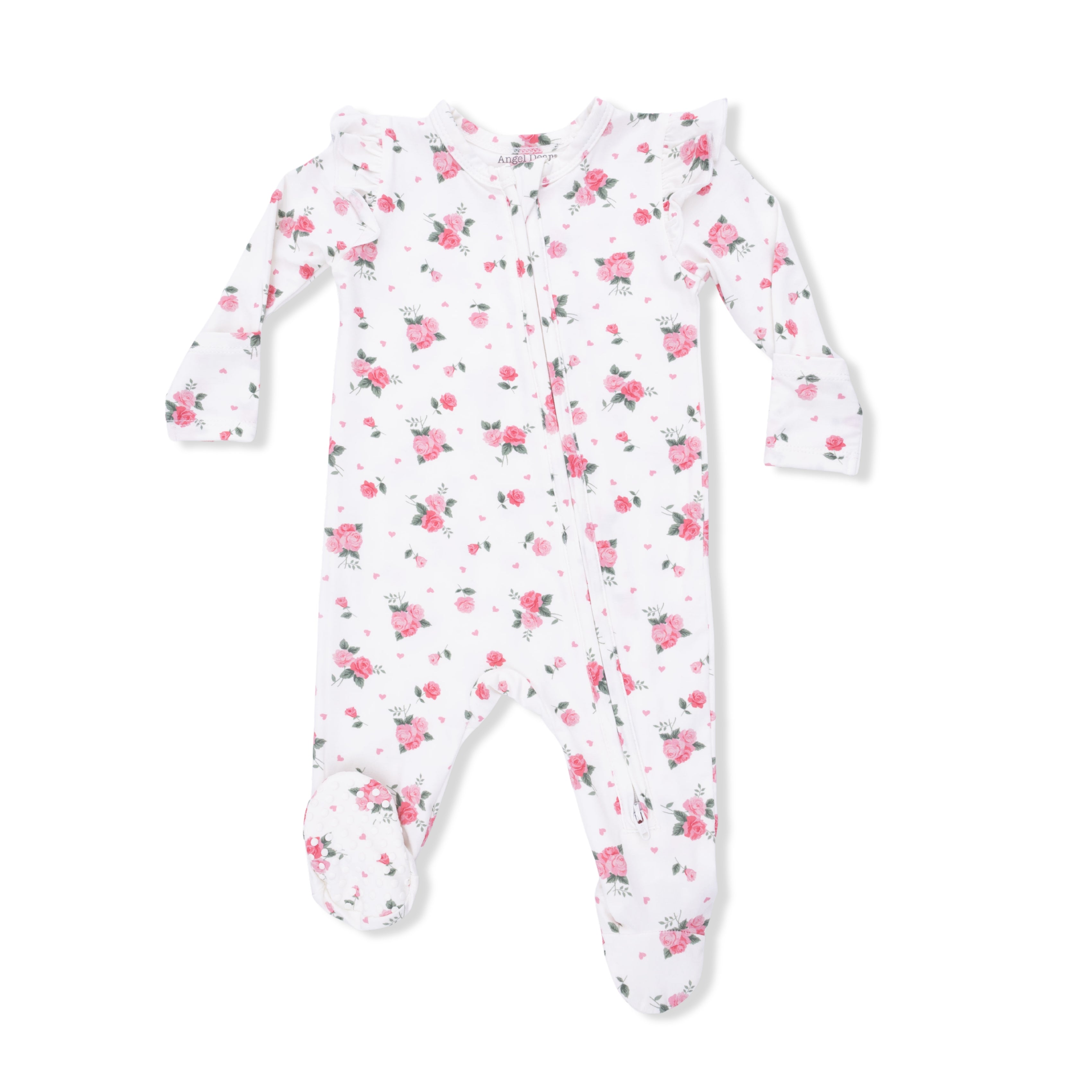 Floral-patterned baby footie on a white background