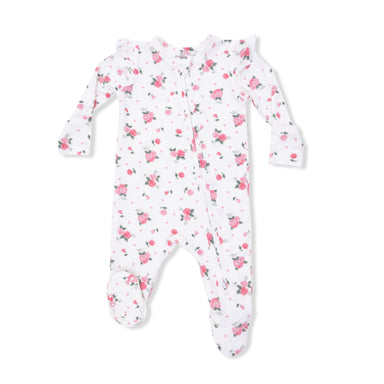 Floral-patterned baby footie on a white background